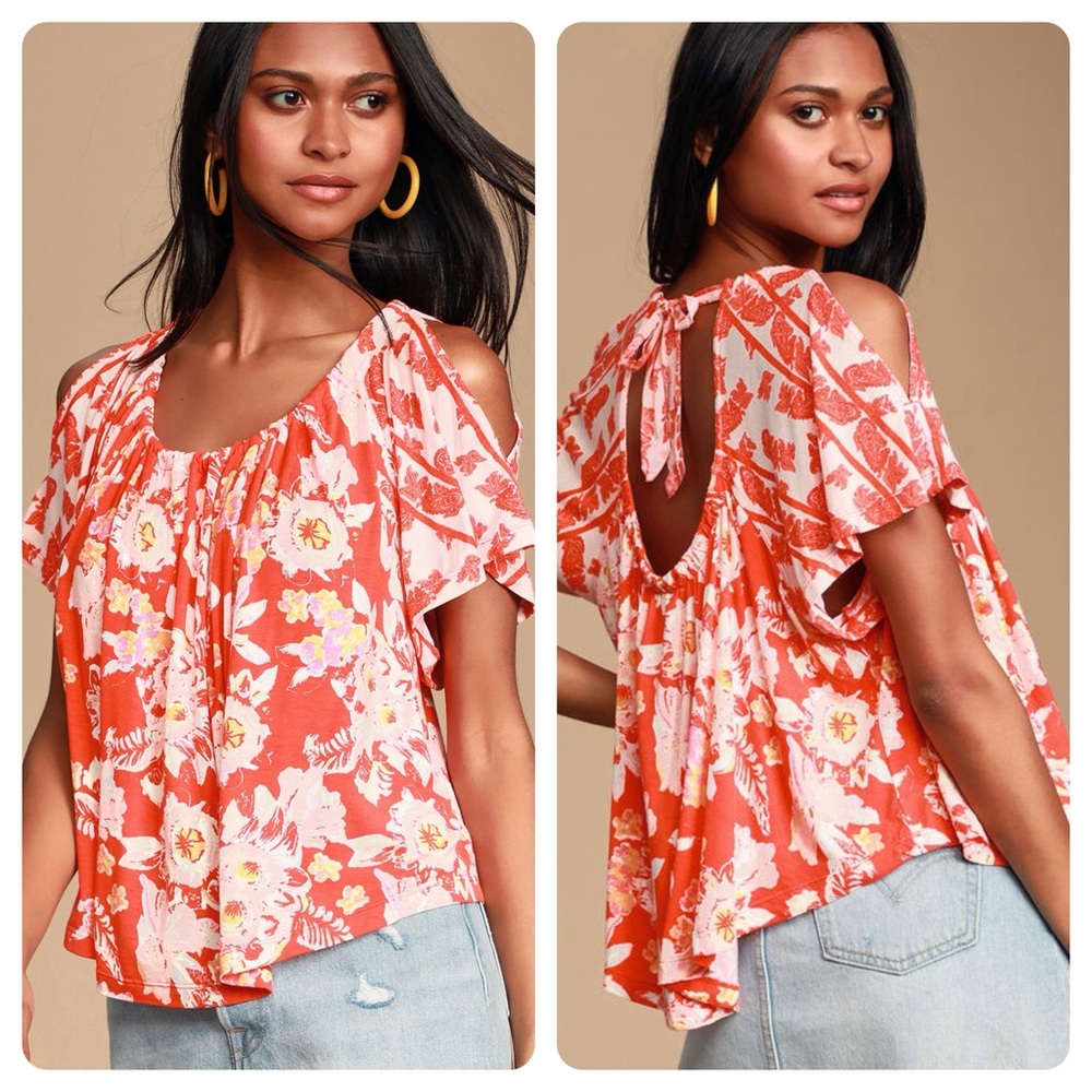 Free People Baja Babe Red Floral Print Tie-Back Cold-Shoulder top size S